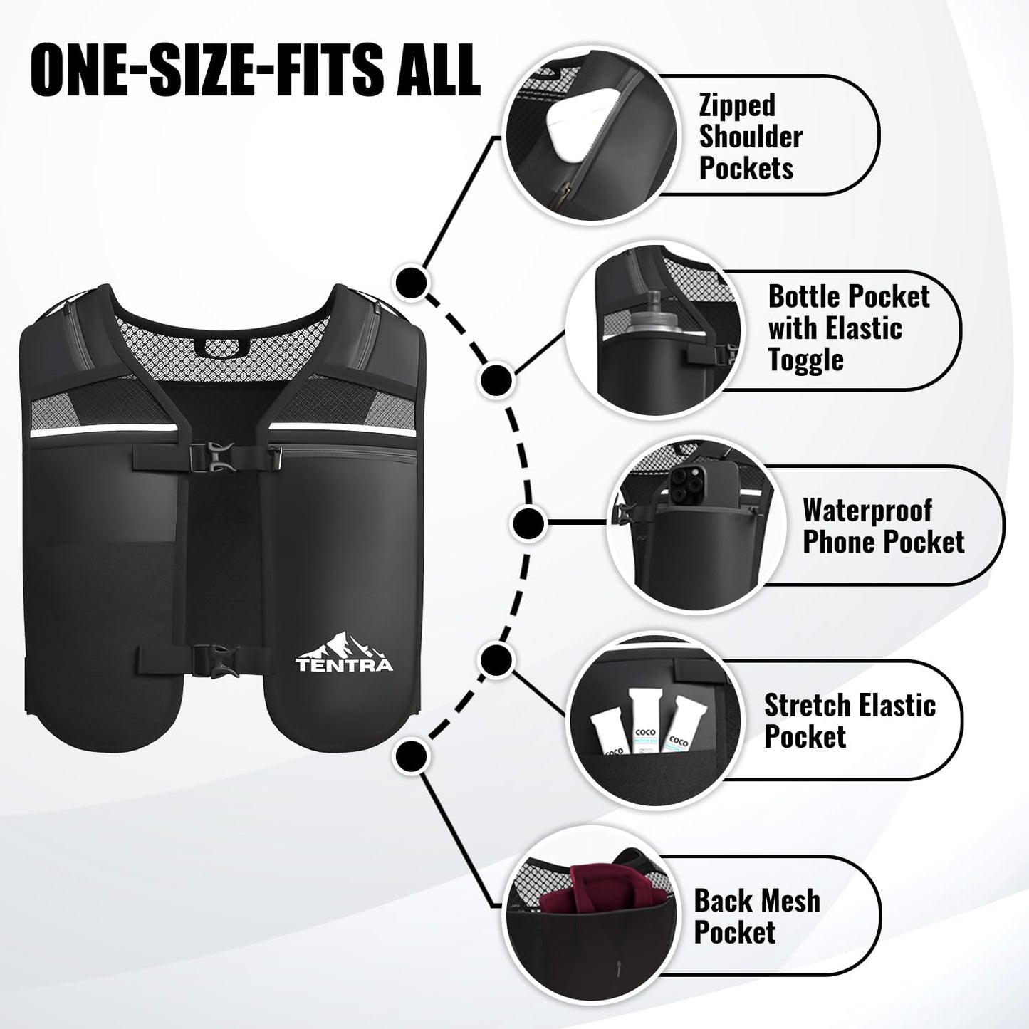 TENTRA Running Vest with 500ml Soft Flask, 8 Pocket Hydration Vest for Women Men – Lightweight Reflective Running Vest with Waterproof Phone Pouch
