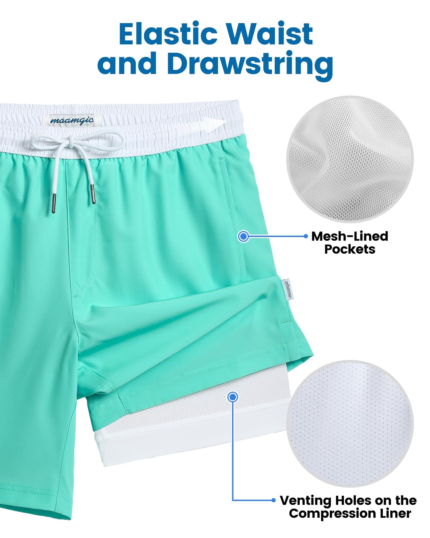maamgic Mens Swim Trunks with Compression Liner 7 Inch Inseam Mens Bathing Suit Quick Dry Swimming Trunks Swimsuit Spring Green and White Small