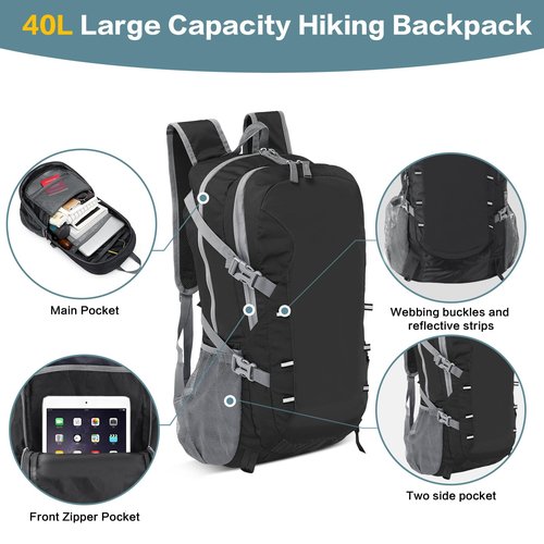 BiYiYun 40L Hiking Backpack, Lightweight Foldable Hiking Daypack with Wet Pocket, Waterproof Travel Camping Bag for Men Women (Black)