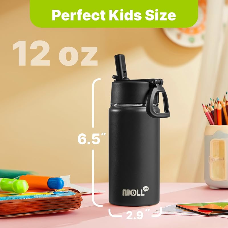 Water Bottle with Straw - 12 Oz Black, BPA Free, 18/8 Stainless Steel, Mollcity