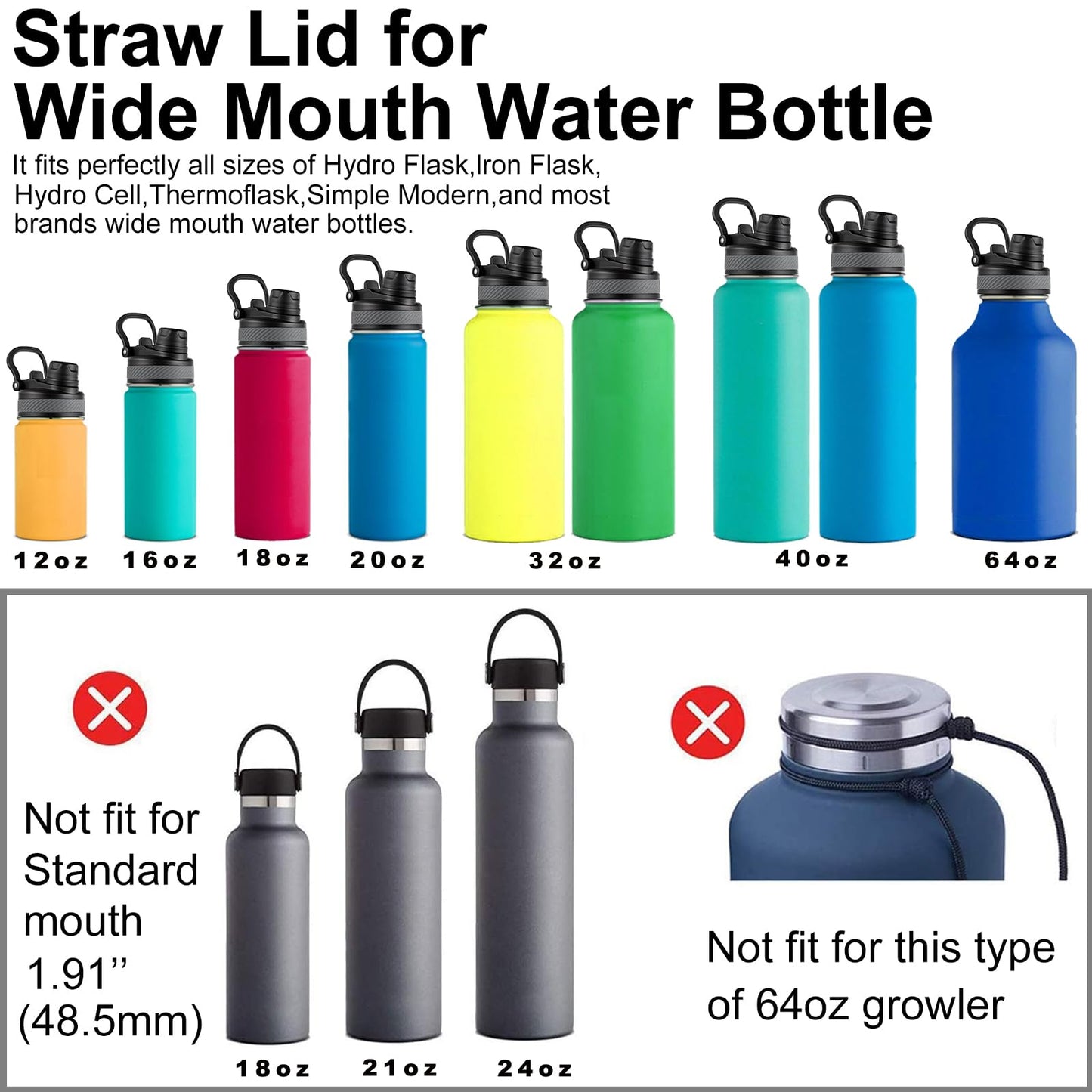 Hydro Flask Wide Mouth Lids - Chug Lid Replacement Sport Cap for 16, 20, 24, 32, 40 OZ (Black+White)