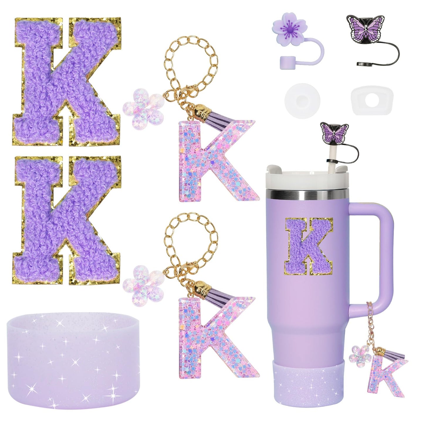 Liangang Stanley Cup Accessories Set, Compatible with Stanley 30oz 40oz, Includes: 2 Straw Covers & 2 Boot Covers, Spill-Proof Stopper, 2 Handles & 2 Sticker Letters (Incl. Letter K)