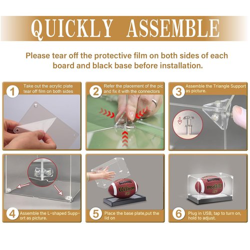 Acrylic Football Display Case with Adjustable LED Light,Clear Football Holder Display Box Multiple Light Modes Full Size,UV-Protective Dust-Proof, Lighted Football Memorabilia Display Case