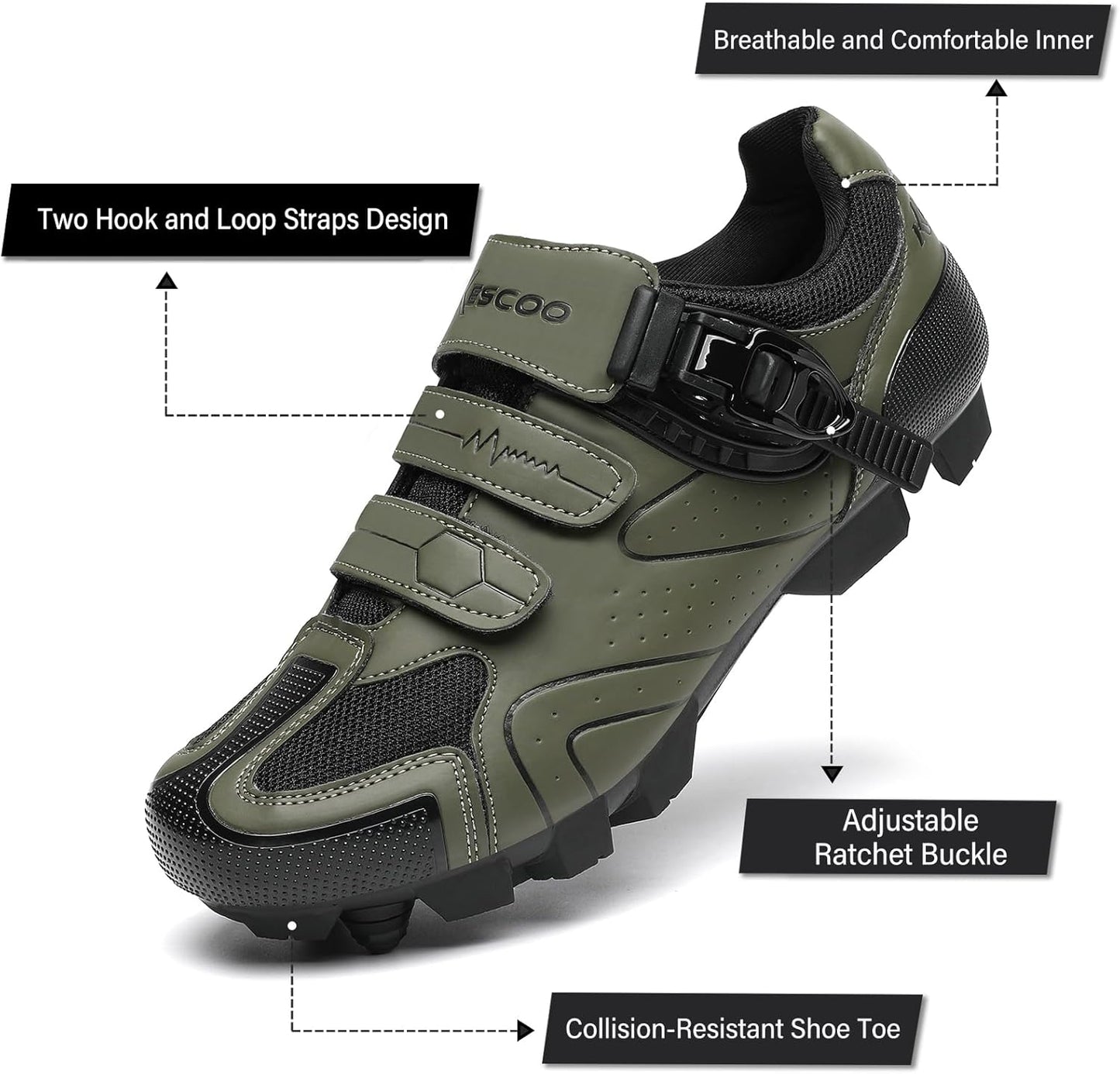 KESCOO Mens Mountain Bike Shoes with 2-Bolts SPD Cleats Included, Cycling Shoes with Quick Ratchet Buckle Indoor Outdoor Riding Biking