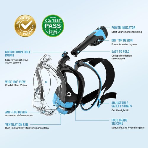 Tizikcon 2025 Electric Full Face Snorkel Mask Adult, Snorkeling Gear for Adults with 180 Panoramic View and Latest Dry Top System, Patented Airflow System with Fan Assistance, Anti‑Leak & Anti‑Fog (L)