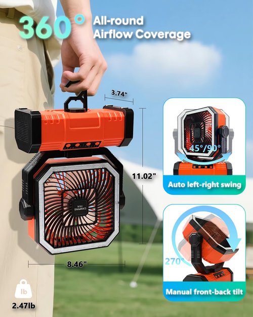 Super RGB 20000mAh Portable Camping Fan W/Bluetooth Speaker, Rechargeable Battery Operated Oscillating Camp Tent Fan W/Remote control, 4 Speeds, LED lights & 360° Rotation Hook for Outdoor RV Travel