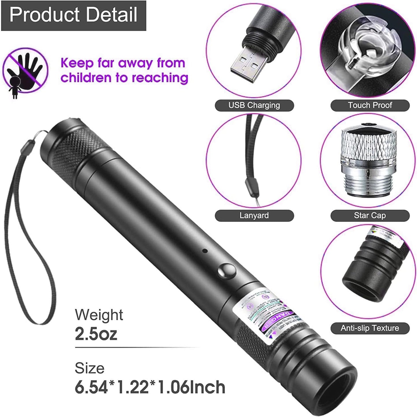 Purple Laser Pointer, High Power Laser Pointer, Suitable for Tv/LED/LCD Screen Demonstrations, Outdoor Exploration, and Construction Projects, with USB Charging Option