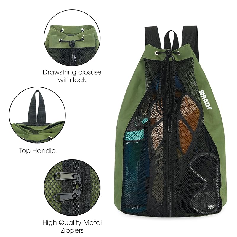 WANDF Swim Bag for Swimmers Mesh Beach Backpack Green Medium