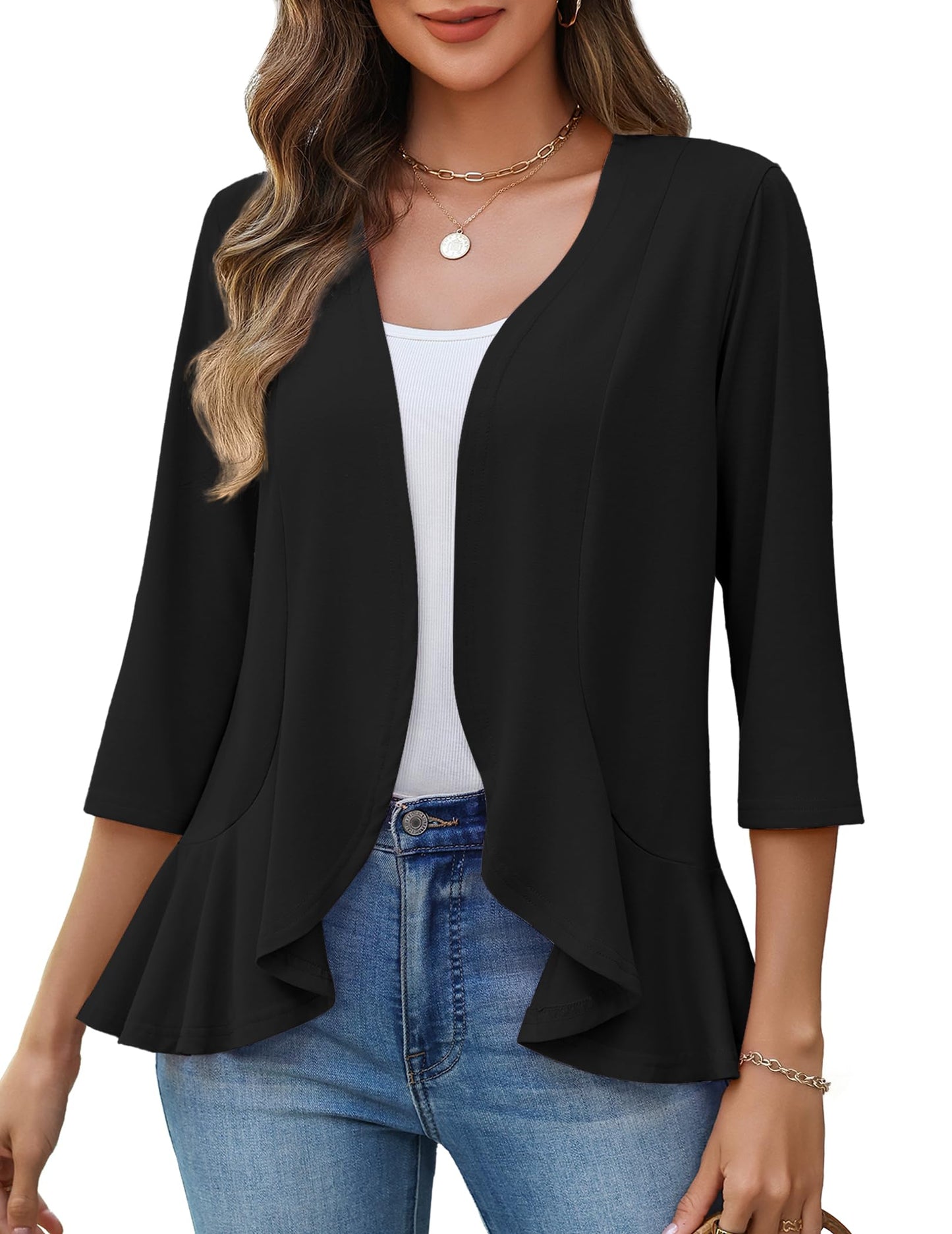 Zeagoo Women's 2026 Summer 3/4 Sleeve Lightweight Cardigans Open Front Draped Ruffles Kimono Coverups
