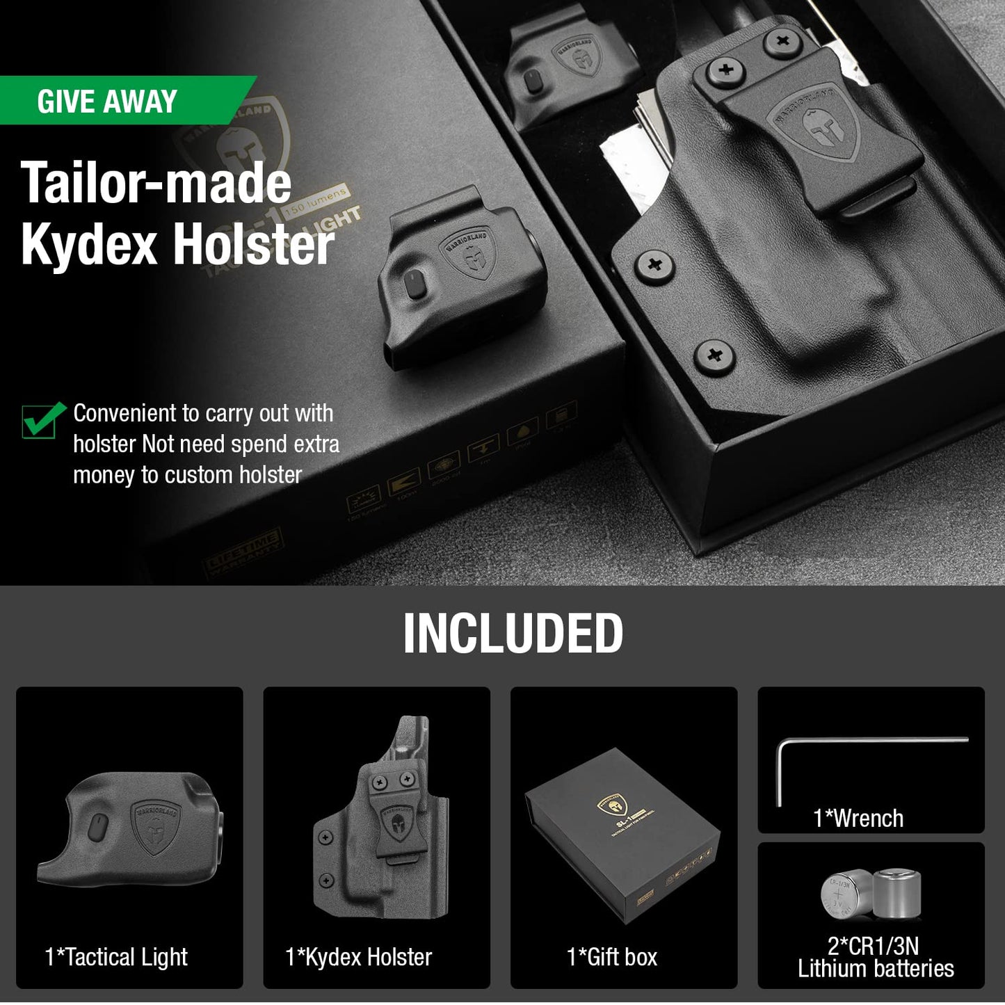 WARRIORLAND IWB Kydex Holster with 150 Lumens Min Gun Light Combo, Springfield Micro Compact Hellcat Pistol, 150 Lumens Hellcat Handgun Light, LED Tactical Flashlight SL-1 w/Hellcat Holster