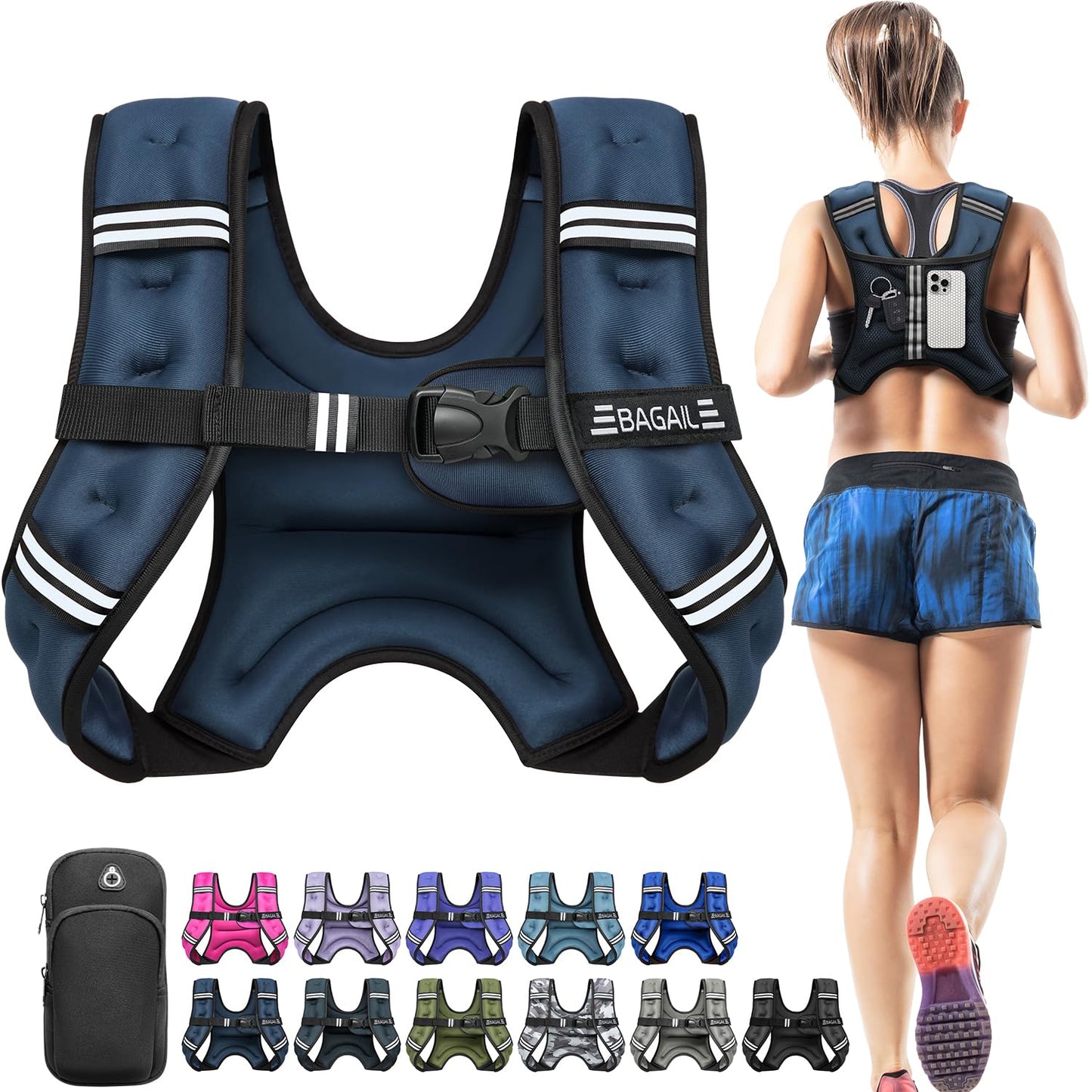 BAGAIL Comfort-Fit Weighted Vest for Woman, Even Weight Distribution, Faster Weight Loss, No-Chafe or Bounce for Walking & Running with Detachable Phone Pouch & Reflective Stripes (Available 5-30lbs)