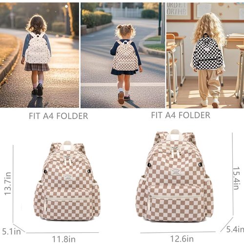Tanweibago Corduroy Kids Backpack for Boys Girls Backpacks for Primary Elementary Kindergarten 6-10 (Checkered Brown, Medium (15" H Fit A4 Folder))