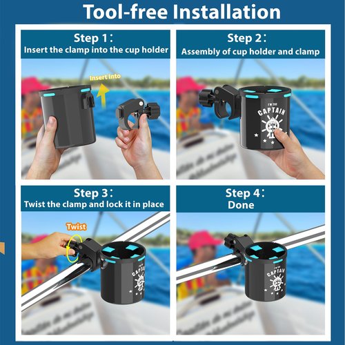 Botepon Marine Boat Rail Cup Holder - Tool-Free Clamp for Bimini Top Rail, Grab Bar & Boat Ladder | Boat Gifts for Men/Women, Boaters Who Have Everything | Pontoon Boat Accessories, PWC & Jet Ski