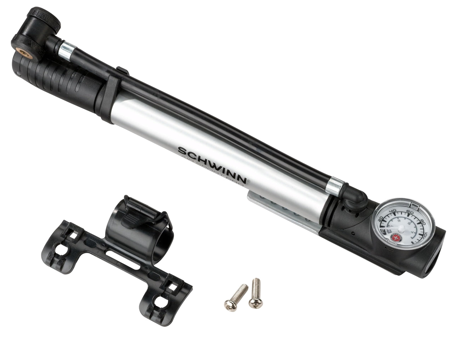 Schwinn Air Sport Pro Frame Pump, Black, Pressure Gauge, Portable, For Mountain, Cruiser and Electric Bikes, with Frame Mount Attachment, Dual Head for Schrader and Presta Valves, Manual Air Pump