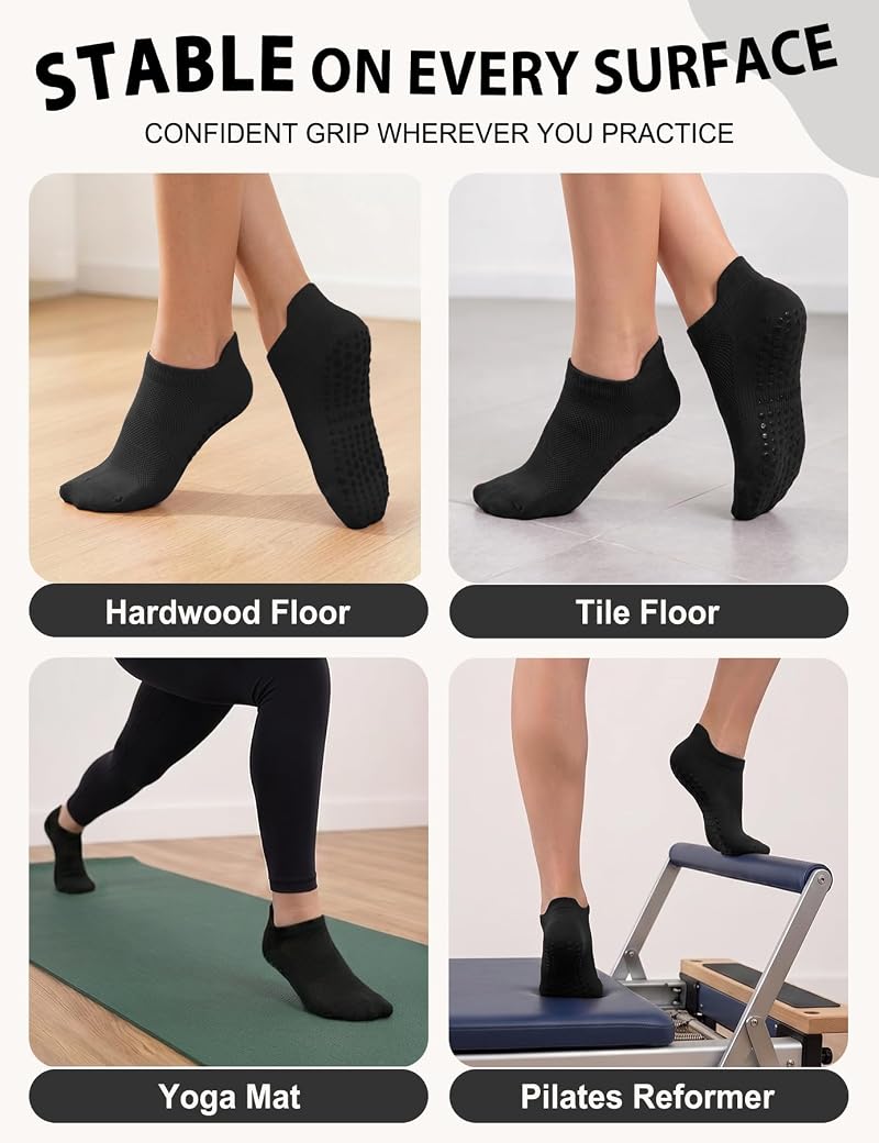 Non-Slip Pilates Socks for Women - 4 Pairs, A04-Black Small/Medium