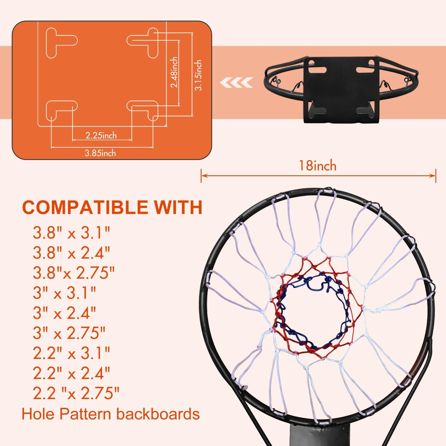 ICSPOID Basketball Rim Goal 18 ", Replacement Basketball Rim Goal Hoop Net for Indoor Outdoor