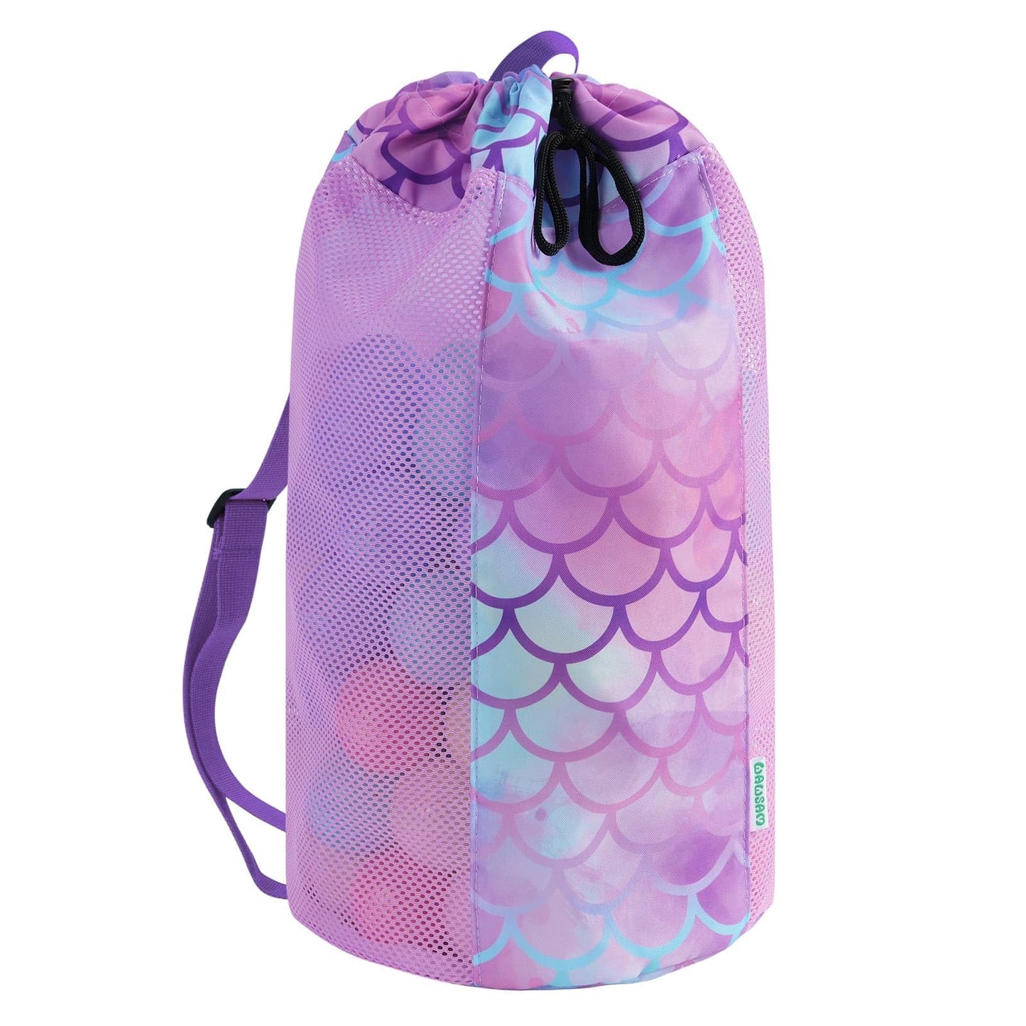 WAWSAM Mermaid Large Mesh Beach Bag for Kids, Drawstring Beach Backpack for Girls, Tote Mesh Beach Toys Bag, Swim Pool Toys Balls Storage Bags Gym Bag, Beach Toy Shells Organizer