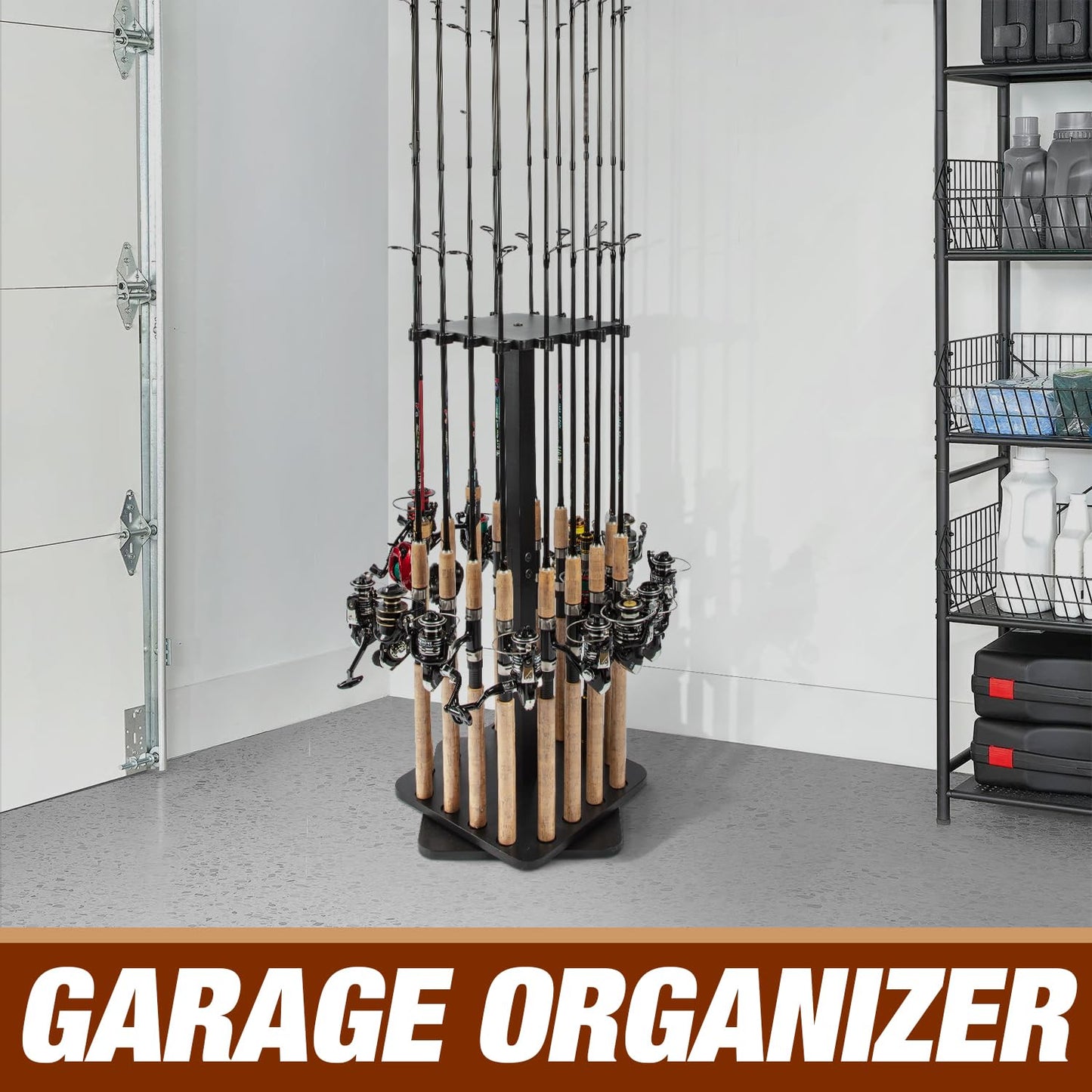 Ghosthorn Fishing Rod Holders for Garage 360 Degree Rotating Fishing Pole Rack, Floor Stand Holds up to 16 Rods Wood Fishing Gear Equipment Storage Organizer, Fishing Gifts for Men Women