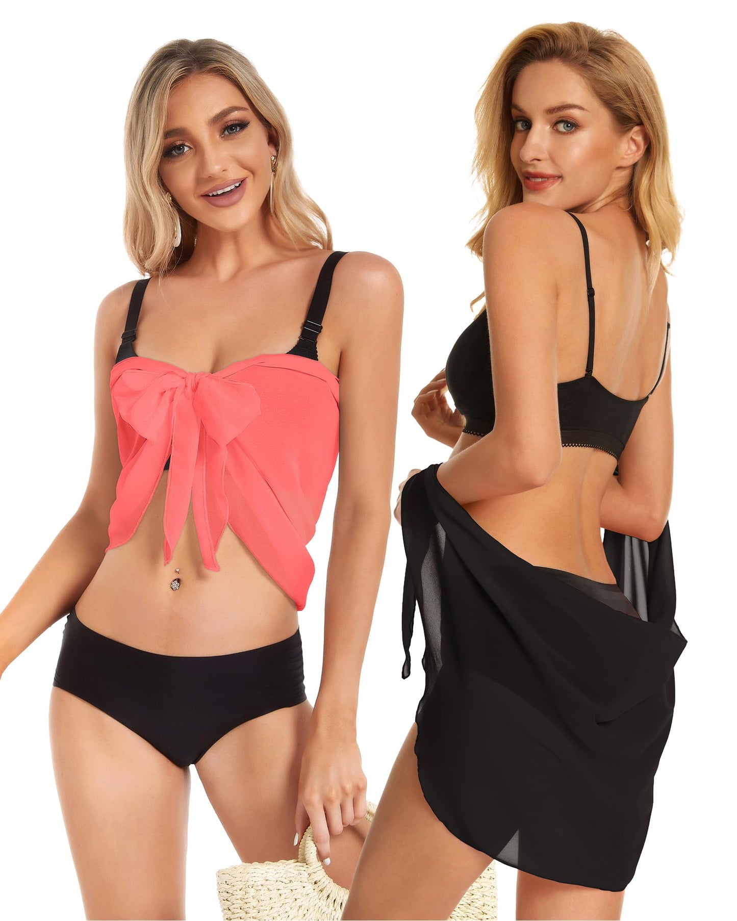 2 Pieces Sarong Cover Ups for Women Beach Bathing Suit Wrap Sheer Short Skirt Bikini Chiffon Scarf for Swimwear (Black and Fluorescent Orange)