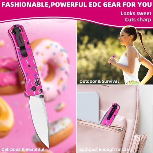 Donut Pocket Folding Knife for Women Men, D2 Steel Axis Lock Knife, Unique Donut Design Aluminum Handle Folding Knives with Reversible Pocket Clip