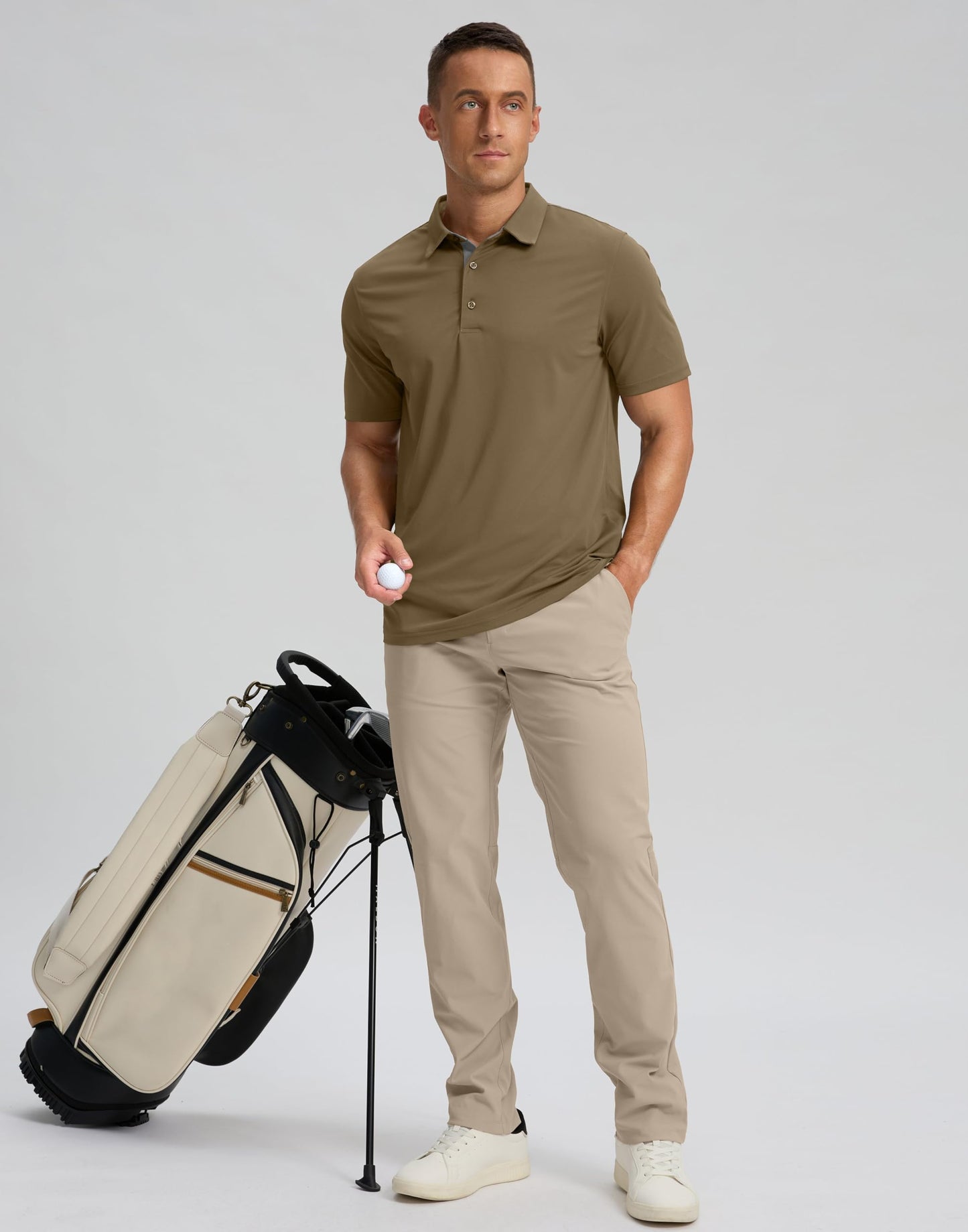 Men's Golf Shirts Dry Fit Moisture Wicking Performance Short Sleeve Collared Polo Shirts for Casual Athletic Business (Khaki, S)