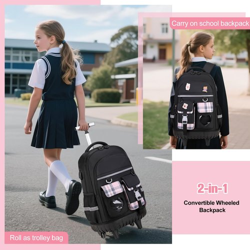 ACESAK Rolling Backpack for Girls - Roller Wheels School Bookbag with Lunch Bag & Pencil Pouch for Teen Girls Kids Wheeled Suitcase Backpacks, Elementary Middle School Travel Daypack (Black)