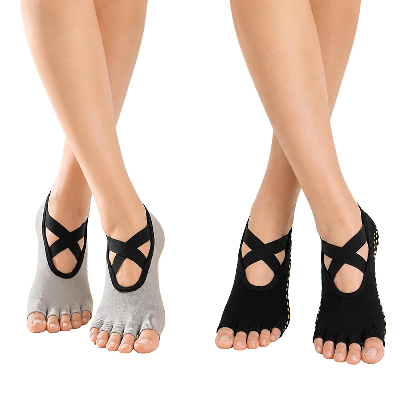 Yoga Socks for Women Open-Toe Non-Slip Grip 2 Pairs Black & Light Grey - Barre, Ballet, Dance