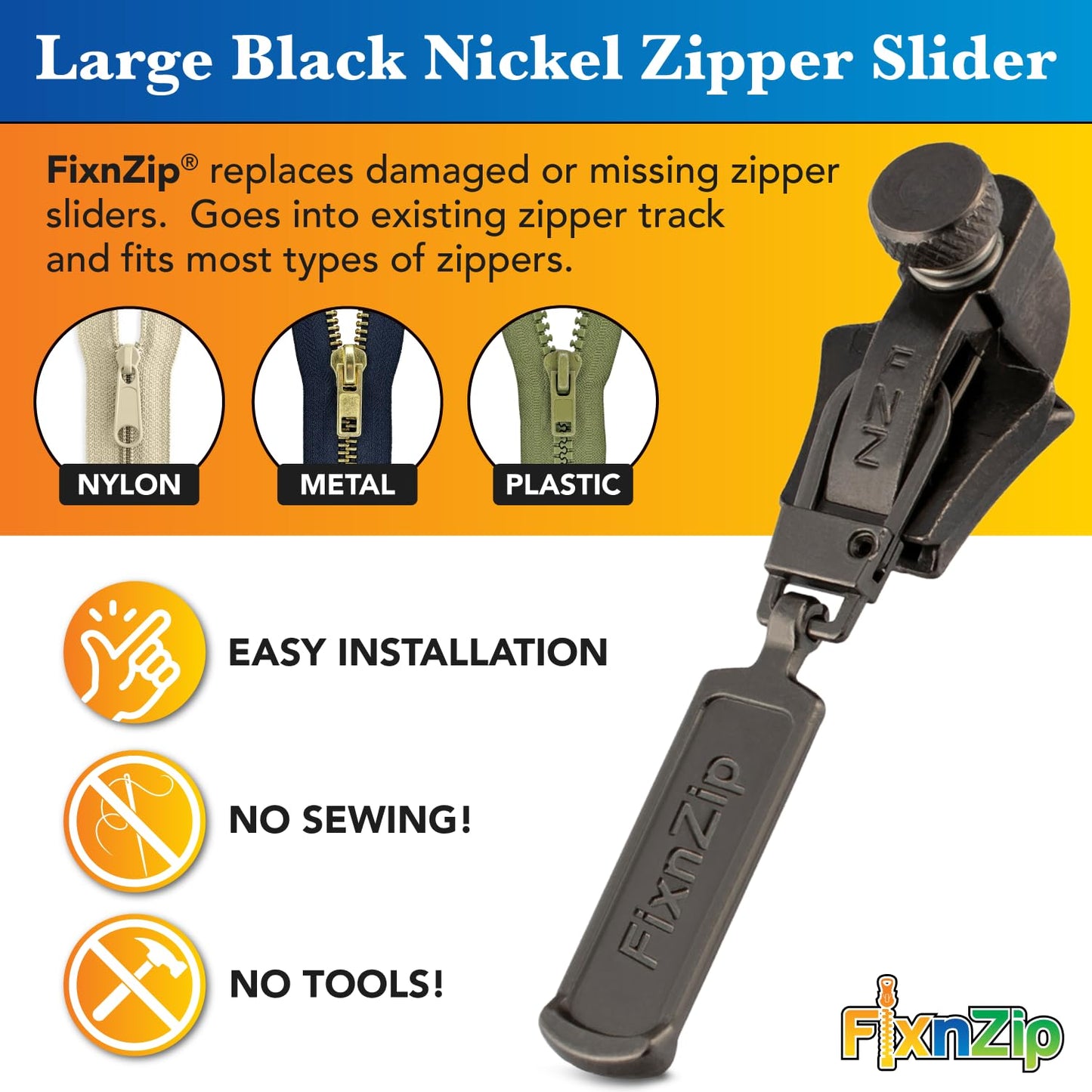 FixNZip Large Black Nickel Zipper Repair Kit | Universal No-Sew Slider Replacement for Heavy Jackets, Wetsuits, Boat Covers, and Luggage | Instant and Reusable Zipper Repair Tool | Sizes 8-10