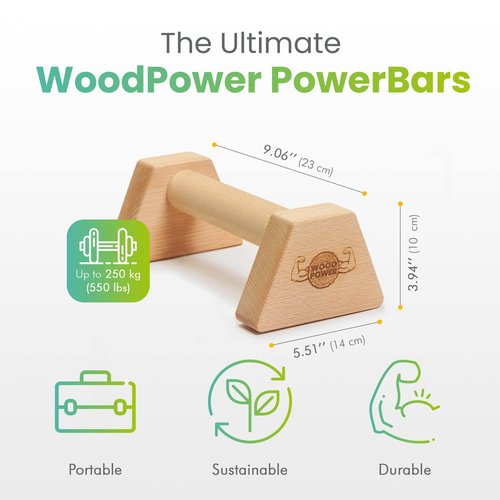 WOODPOWER® - PowerBars, Wooden Parallettes Push Up Bars, Joint-Friendly Beech Wood Calisthenics Equipment for Home, Durable Handstand Trainer Push Up Handles for Floors, XS, Set of 2 (Classic)