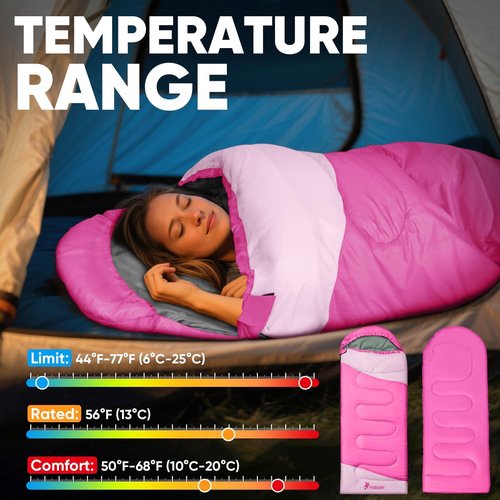 PTEROMY Sleeping Bags for Adults, Lightweight Water Resistant Backpacking Camping Sleeping Bag for Warm Cold Weather, Camping Essentials for Hiking Outdoor Travel (Pink)