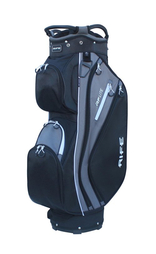 Rife Golf RF-LITE Premium Cart Bag ??14-Way Organizer Divider Top with Putter Pit Well 9.5" Lightweight Nylon Bag 9 Zippered Pockets Insulated Cooler Ample Storage Pockets Black Gray Colors