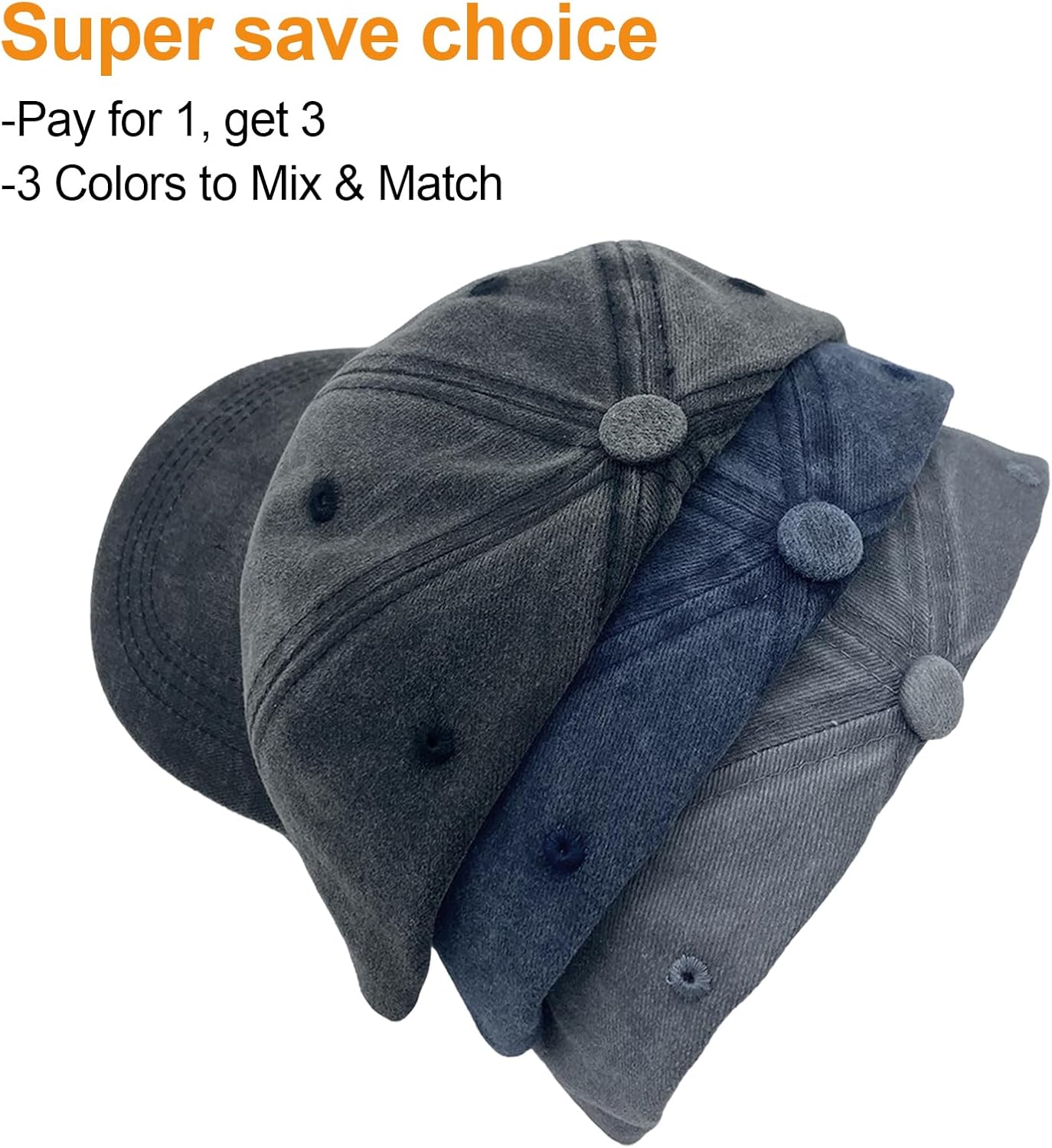 3 Packs Washed Plain Baseball Cap, Retro Adjustable Unstructured Cotton Dad Hats Gift for Men/Women