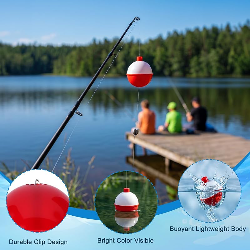 1.5 Inch Fishing Bobbers Floats Set, 30 Pieces, Push Button Round Red/White