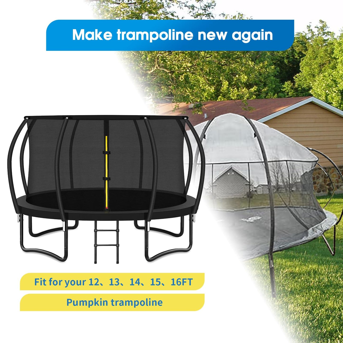 2 Sets Trampoline Curved Lower Enclosure Poles Fit for 12-16FT Trampoline Frame, Lower Net Pole Replacemnet with Foam Cover Padding, Hardwares-2 Style