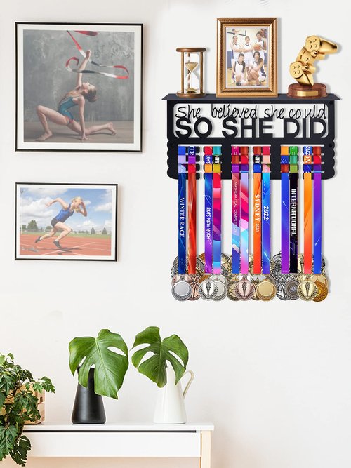 Biggun Metal Trophy and Medal Display Shelf - Easy to Install Medal Hanger with Trophy Shelf for Over 70 Running Race Wrestling Awards