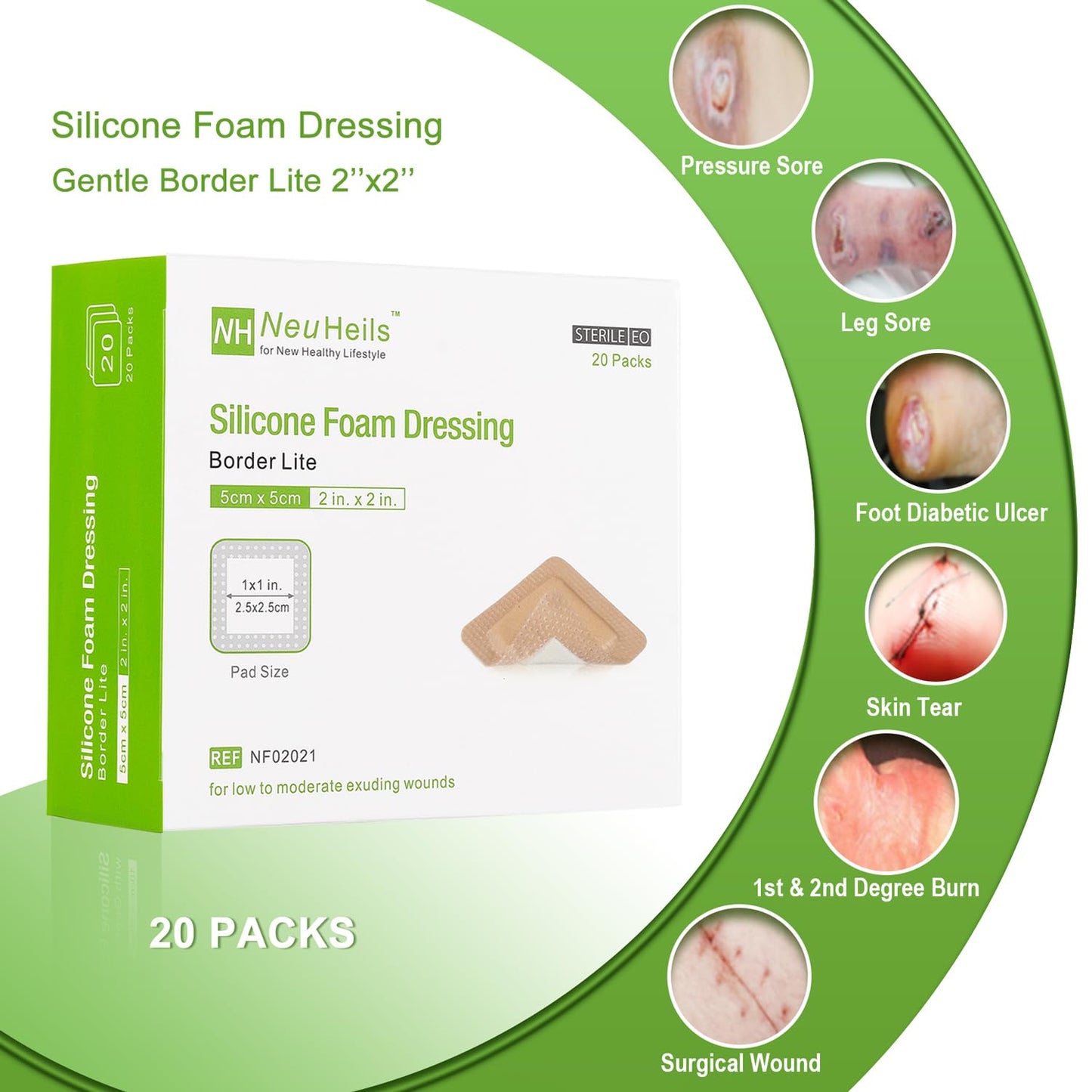 NeuHeils Silicone Foam Dressing Gentle Border Lite 2''x2'', Pad Size 1''x1'', 20 Pack for Small Bed Sore Pressure Ulcer Wound Bandages Patches