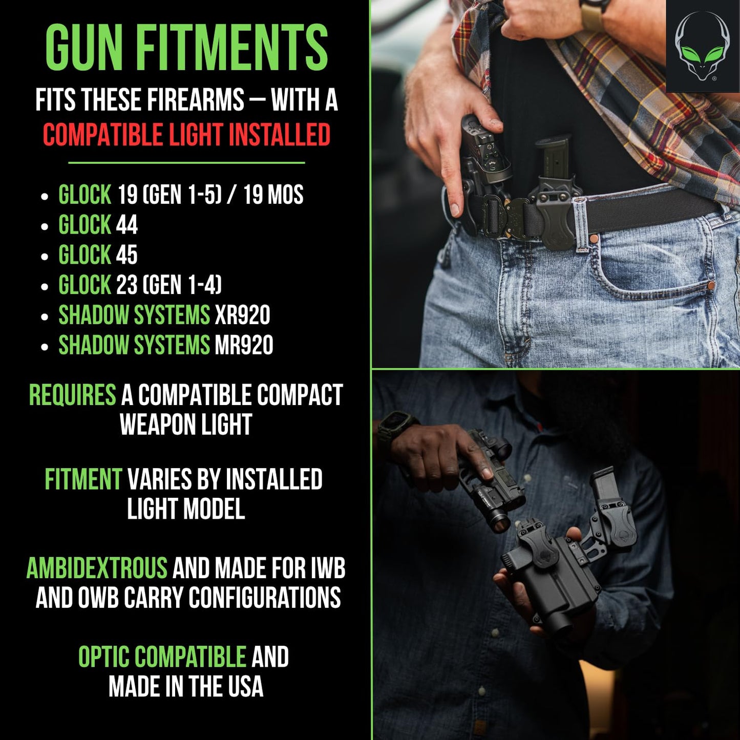 Alien Gear Photon Holster for Glock 19 (Gen 1-5)/19X/19 MOS/23/44/45, MR920 and XR920 – IWB/OWB – Compact Light - Fits TLR-7A, TLR-7X, & TLR-7 HL-X – Ambidextrous