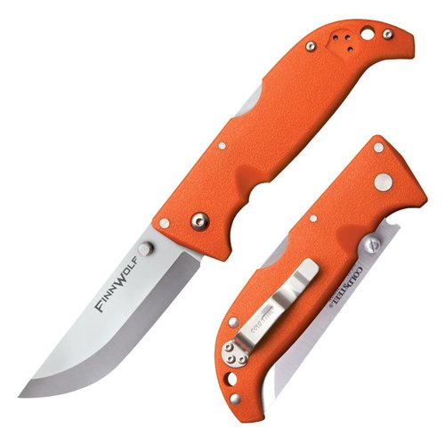 Cold Steel Finn Wolf 3.5in AUS8A Razor-Sharp Straight Back Blade 4.375in Griv-Ex Blaze Orange Handle Hunting Folding Knife, Boxed