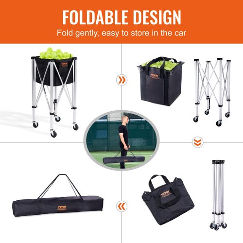 VEVOR Foldable Tennis Ball Hopper, Holds 150 Tennis Balls, Lightweight Aluminum Alloy Tennis Ball Basket Cart with Wheels, Removable Bag,Carry Bag, Portable Sports Teaching Cart for Tennis Player
