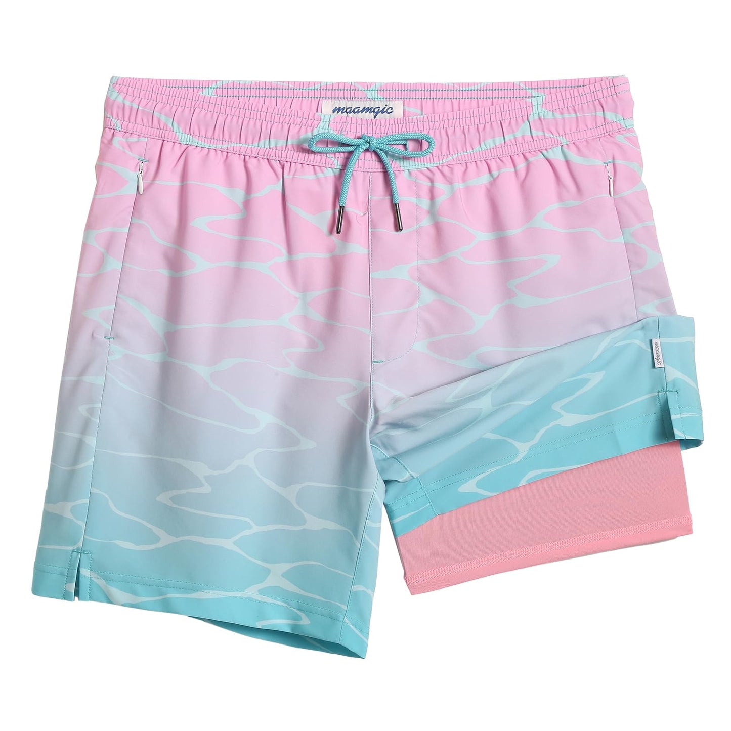 maamgic 2 in 1 Mens Swim Trunks 7 Inch Swim Shorts Swim Suits Board Shorts Gradient Water Ripple-Pink Blue Medium