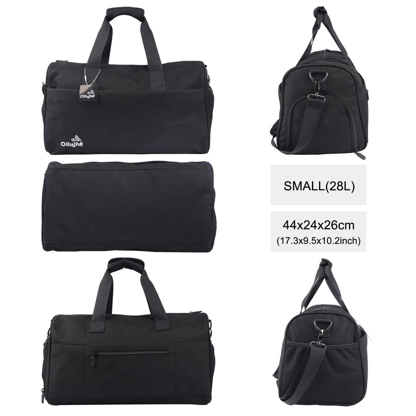 OLLUJHA Gym Bag for Men Women, Duffle Bag with Shoe & Laptop Compartment, Waterproof Fitness Workout Sports Bag for Travel Overnight Weekend Swimming Yoga (Black, 42x25x20cm)