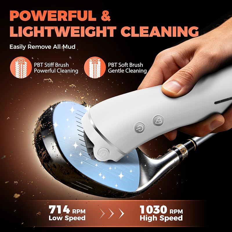 GoIfLove White Electric Golf Club Brush Cleaner, 1030 RPM, 2 Speeds, 3-Stream Water Spray, 2 Brush Heads, 2000mAh USB-C