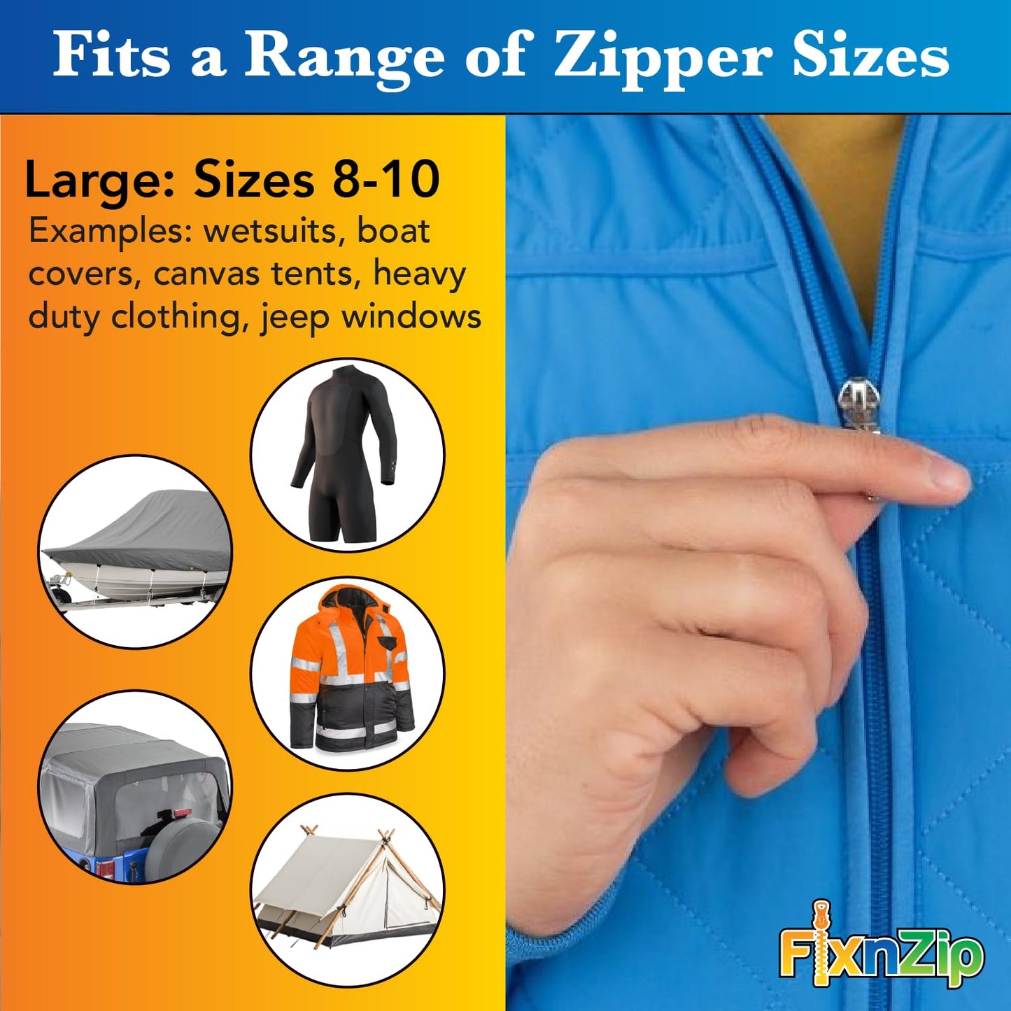 FixNZip Large Black Nickel Zipper Repair Kit | Universal No-Sew Slider Replacement for Heavy Jackets, Wetsuits, Boat Covers, and Luggage | Instant and Reusable Zipper Repair Tool | Sizes 8-10