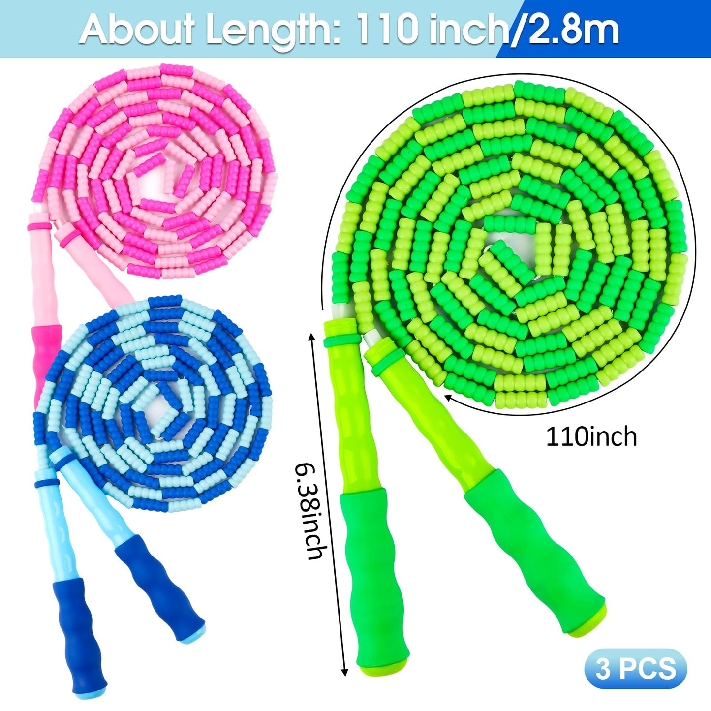 Jump Rope for Kids, 9 Ft Adjustable Jump Ropes for 4 5 6 7 8 10 12, Segmented Soft Beaded Jumping Rope Age 8-12, Tangle Free Skipping Rope for Women Man Fitness Weight Loss - Green, Pink, Blue