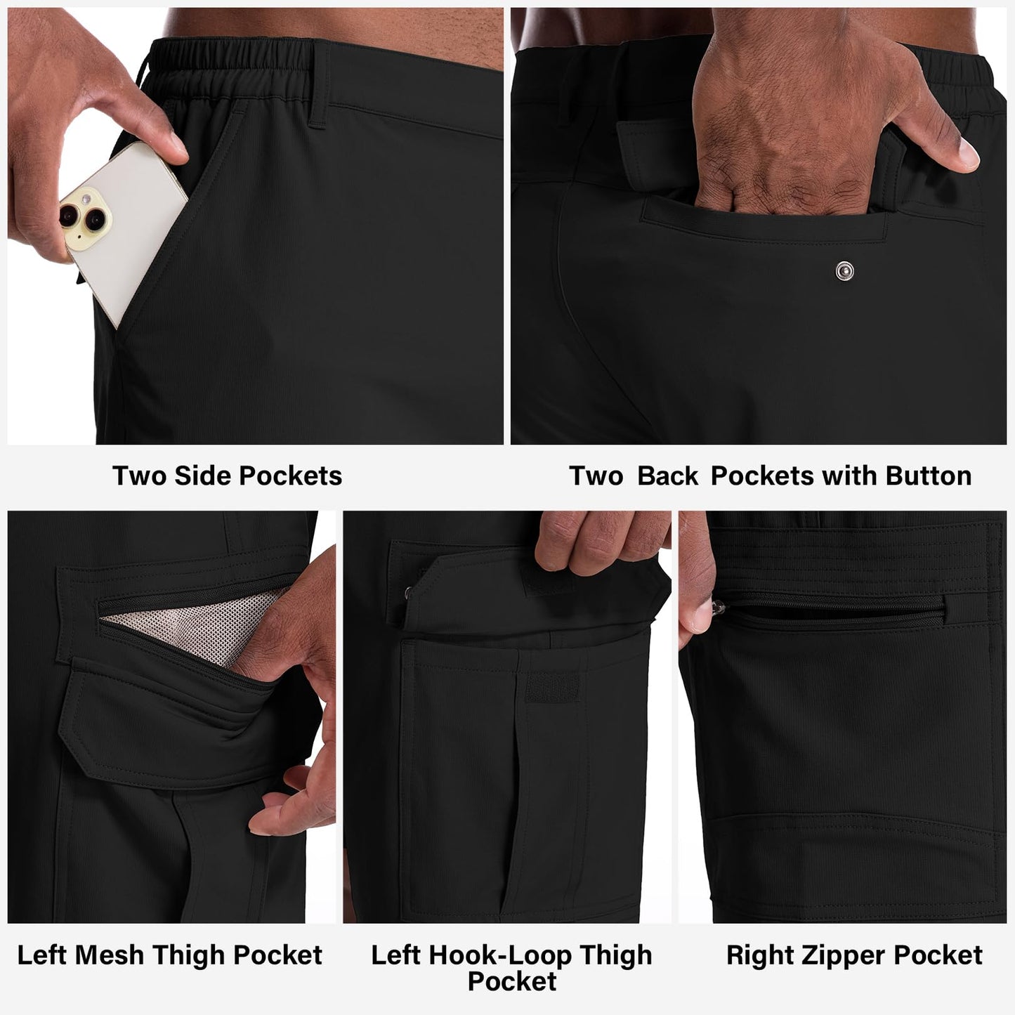 Jessie Kidden Mens Outdoor Casual Expandable Waist Lightweight Water Resistant Quick Dry Fishing Hiking Shorts #6222-Black,42