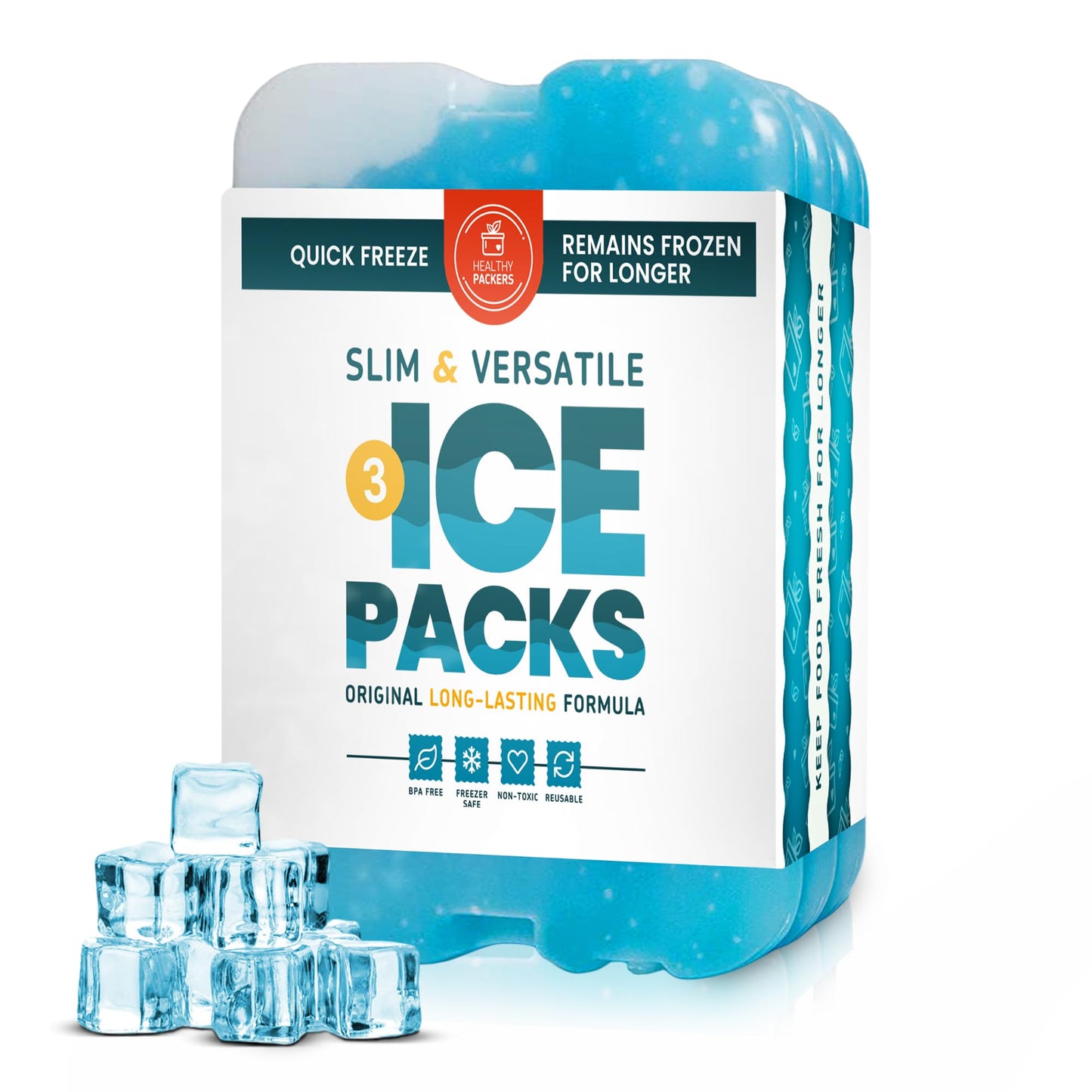 Healthy Packers Ice Packs for Lunch Bags - Original Cool Pack | Slim & Long-Lasting Reusable Ice Pack for Lunch Box, Lunch Bag and Cooler | Freezer Packs for Coolers (3 Pack)