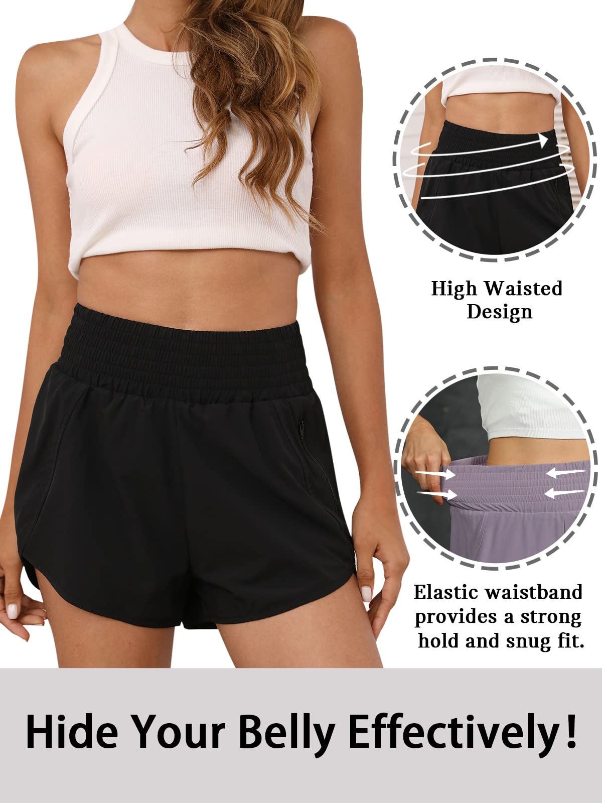 BMJL Women's Athletic Shorts High Waisted Running Short Pocket 2.5" Sporty Shorts Gym Elastic Workout Shorts(S,Black)