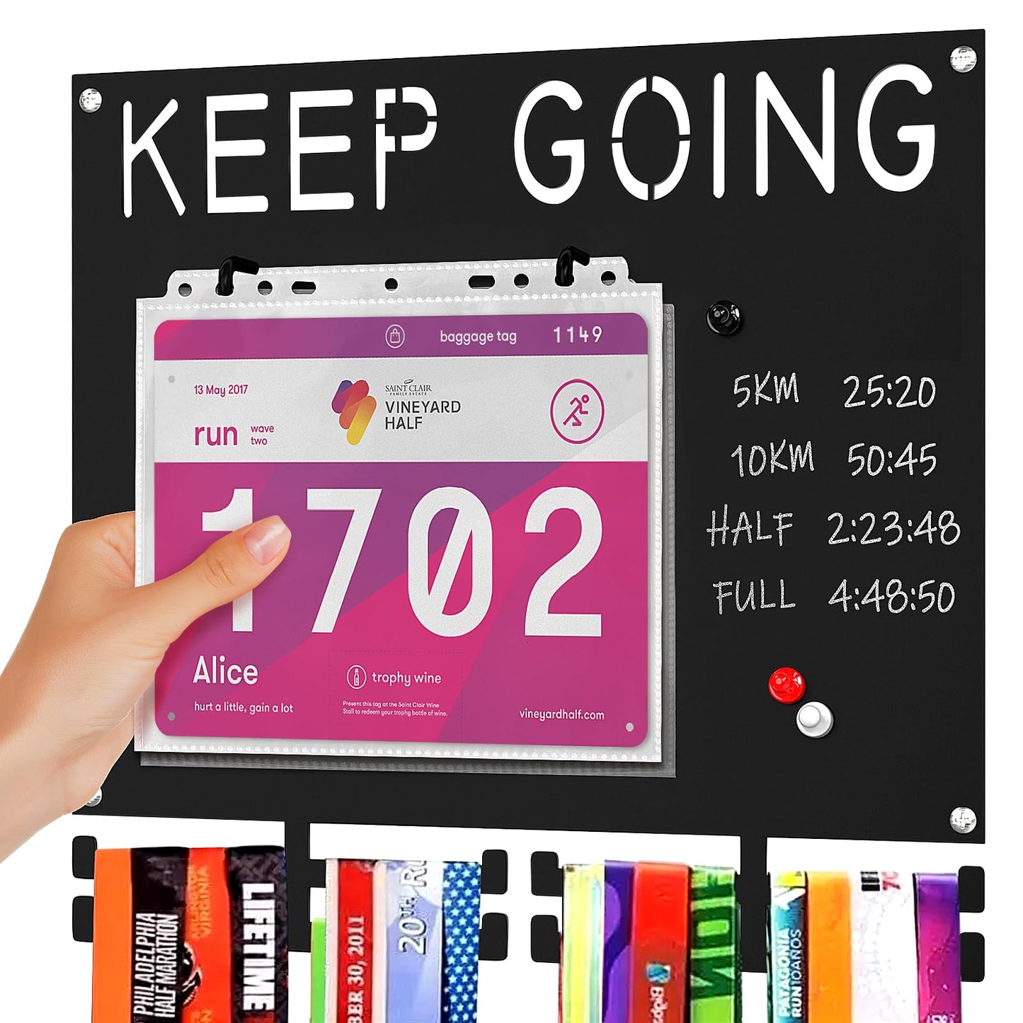 Puretalon Race Medal Display Heavy Duty Iron Bib and Medal Display for Runners Holds 50+ Medals & Race Bibs Marathon Medal Holder Wall Hanger Includes 10 Bib Storage Bags 1 Washable Marker 3 Magnets
