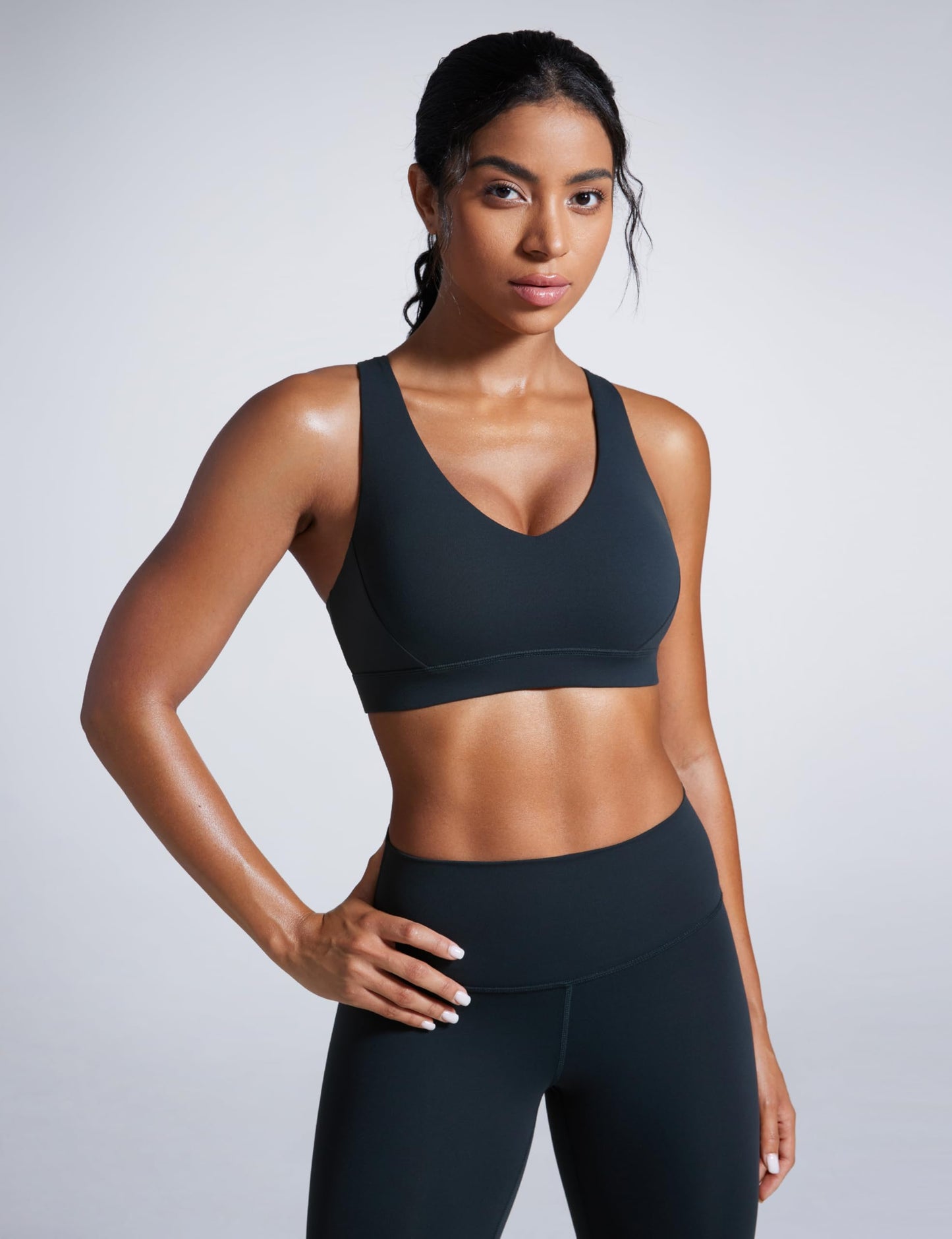 CRZ YOGA Butterbreeze Criss Cross Back Sports Bras for Women - V Neck Adjustable Straps Padded Workout Training Crop Top True Navy Small