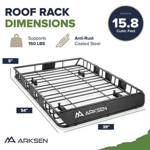 ARKSEN 54 x 39 x 5 Inch Upgrade Universal Roof Rack with Waterproof Bag, Cargo Net&2 Ratchet Straps - 150Lbs Capacity Heavy Duty Rooftop Cargo Carrier with Extension for Car, SUV & Pickup